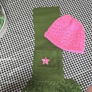 Pink and Green Scarf and Hat Set